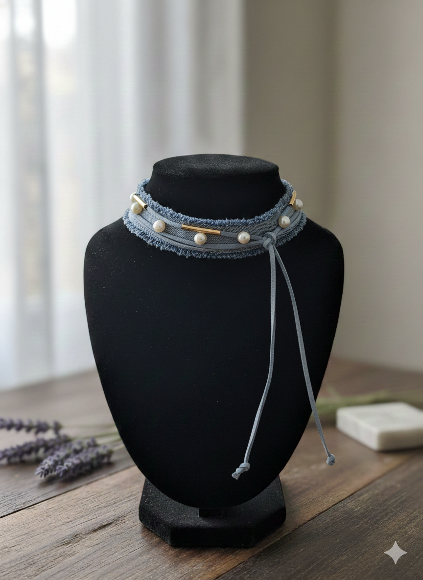 Blue Denim Pearl Neck Piece Lace Design