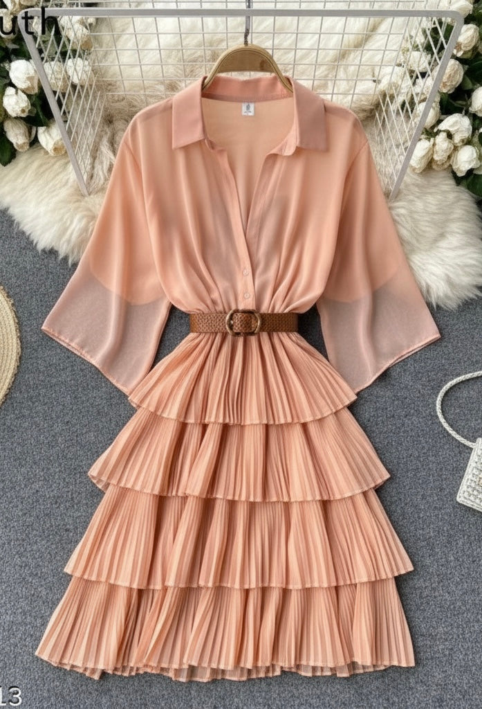 Oceanista Women's Crepe Solid Shirt Collar Flared Lavender/Peach