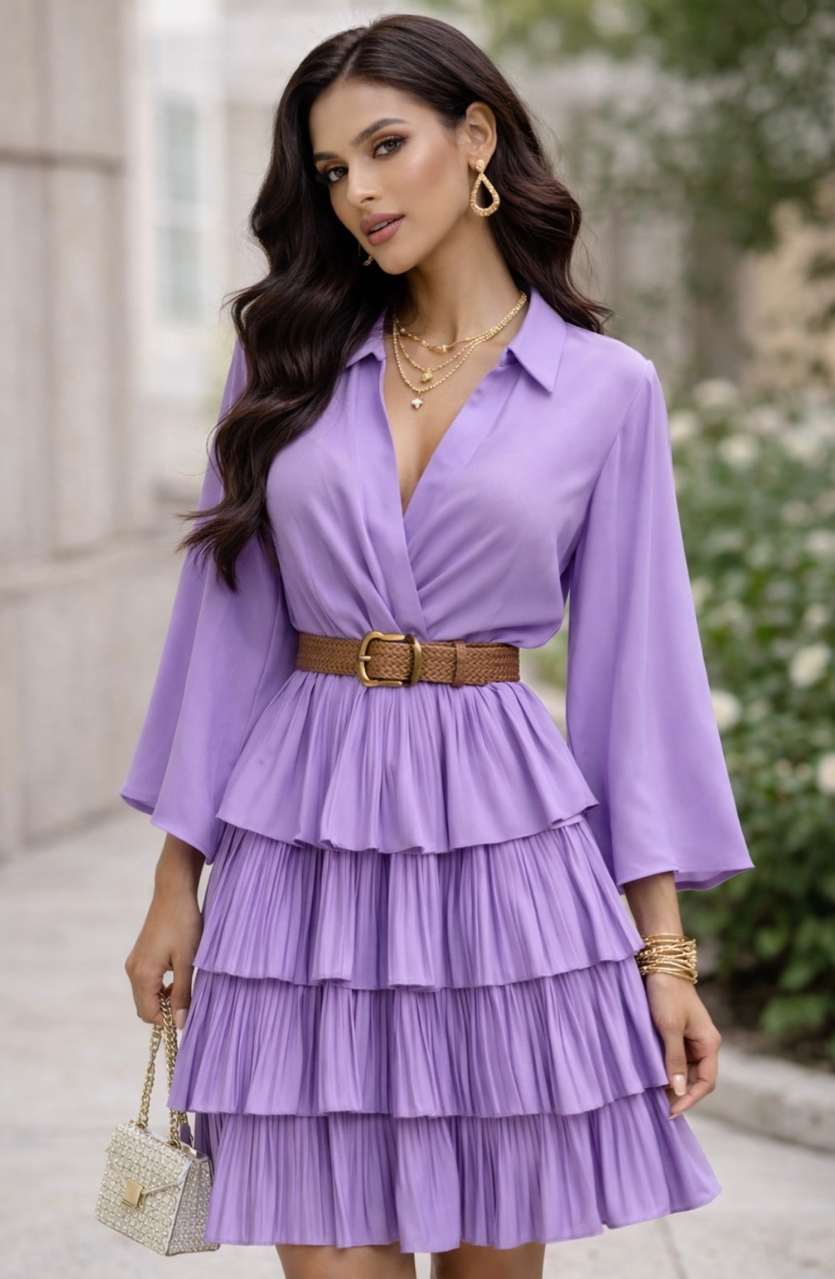 Oceanista Women's Crepe Solid Shirt Collar Flared Lavender/Peach