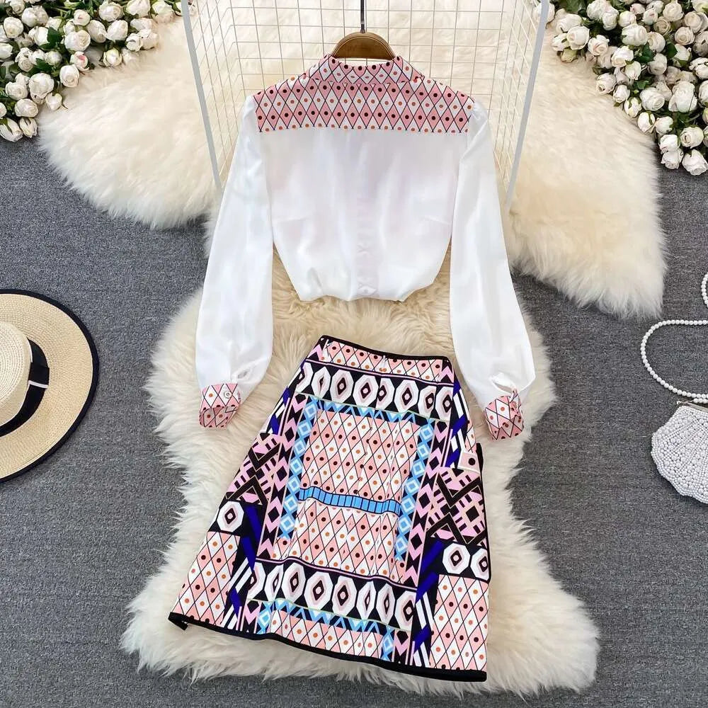 Geometric Print Shirt and High-Waisted Skirt