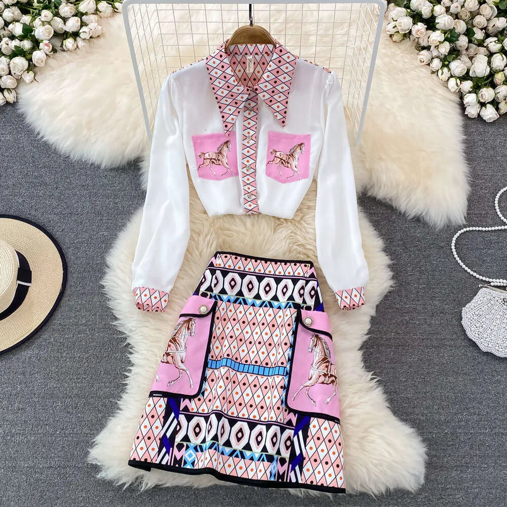 Geometric Print Shirt and High-Waisted Skirt